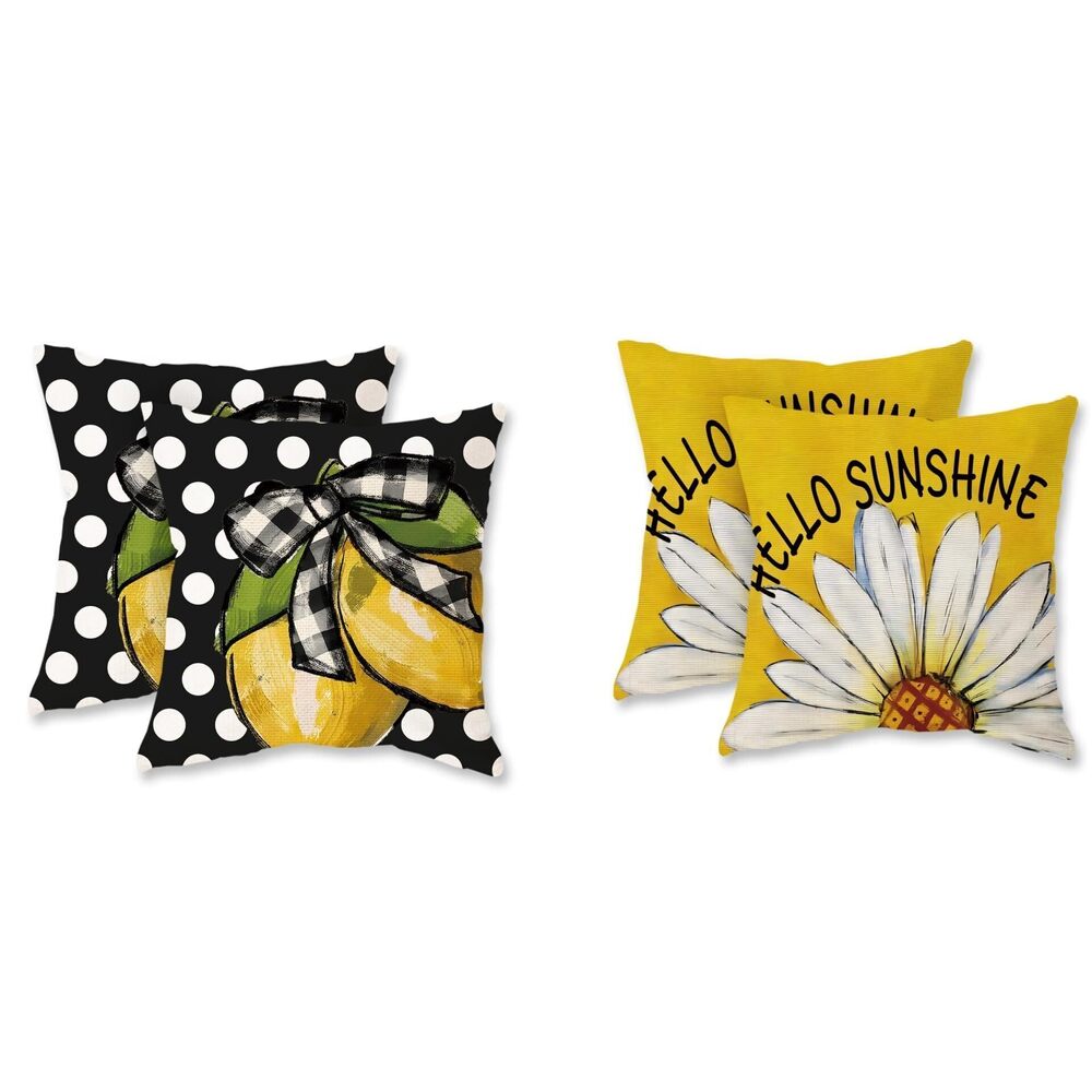 7042 Summer Lemon Daisy Pillow Covers 18x18 Set of 4 Farmhouse Dots Outdoor